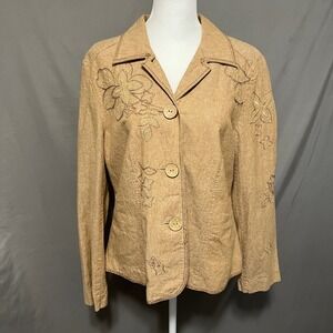 Requirements Tan Linen‎ Blend Floral Embroidered Button Front Jacket Size L